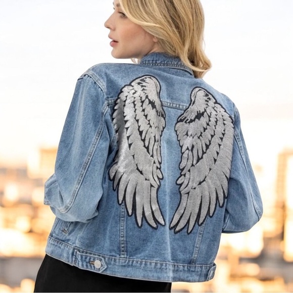 VOCAL USA Angel Wings denim jean jacket metallic silver sequins size medium - Picture 1 of 14